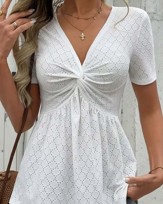 T-Shirt Col En V Taille Torsadée Manches Courtes