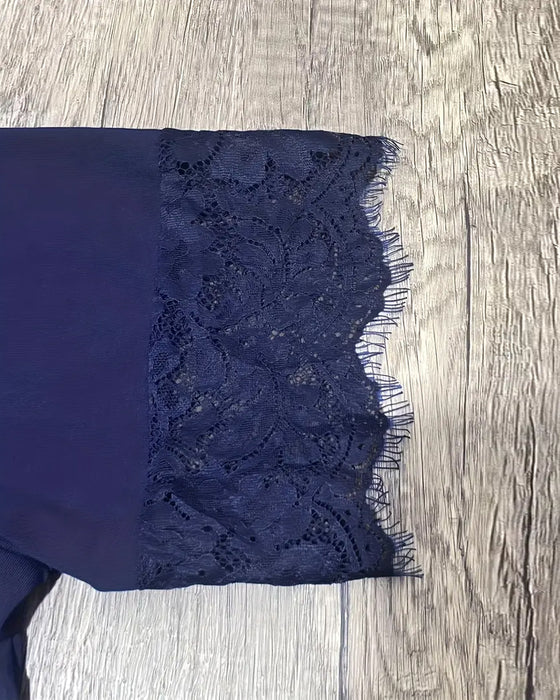 Blouse V-Neck Dentelle Slim Manches Courtes