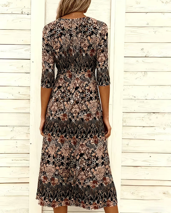Robe Col V Imprimé Patchwork Demi‑manche