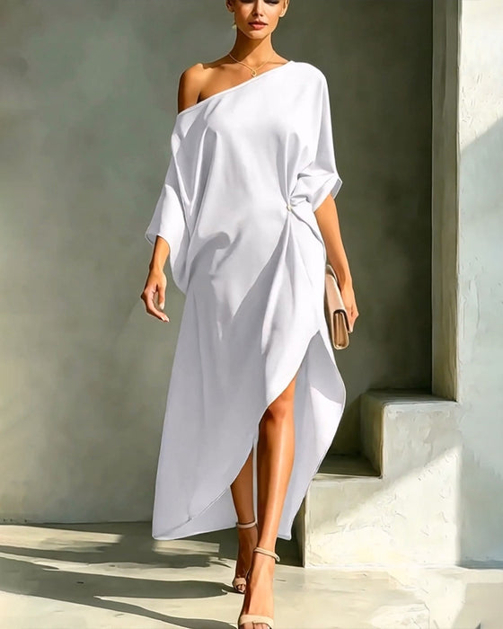 Robe Off-Épaule Froncée Irrégulière Unie