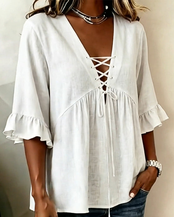 Blouse Unie Col V Volantée