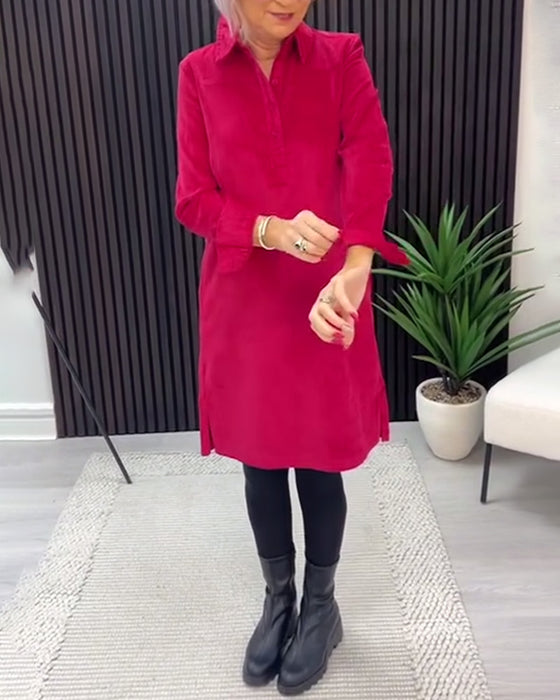 Robe Couleur Unie Manches Longues À Revers