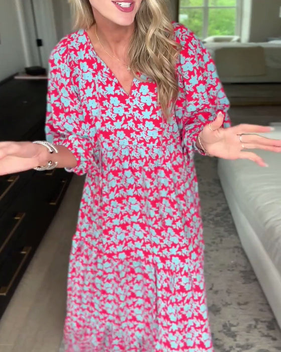 Robe fleurie à col en V et manches lanternes