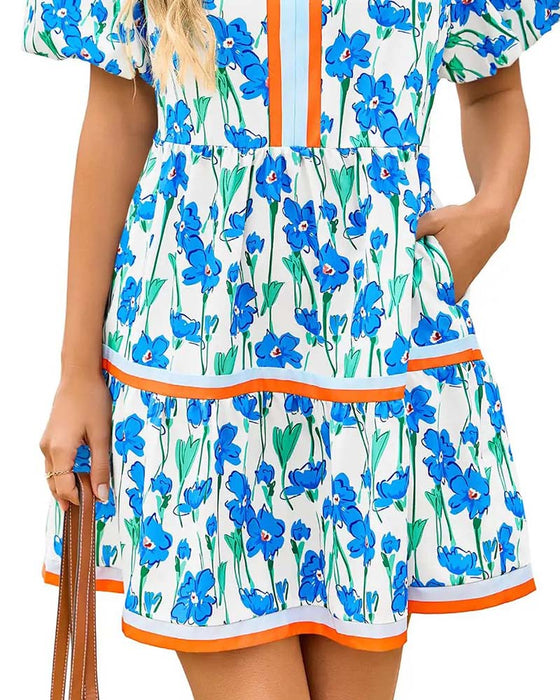 Robe Col V Floral Manche Ballon Patchwork