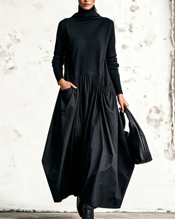 Robe Col Haut Patchwork Froncée Longue