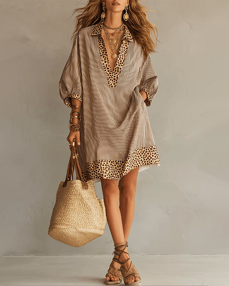 Robe Panneau Imprimé Léopard Manche Bouffante Chemise Rayée