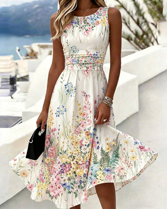 Robe Sans Manches Imprimé Floral Cintrée À La Taille