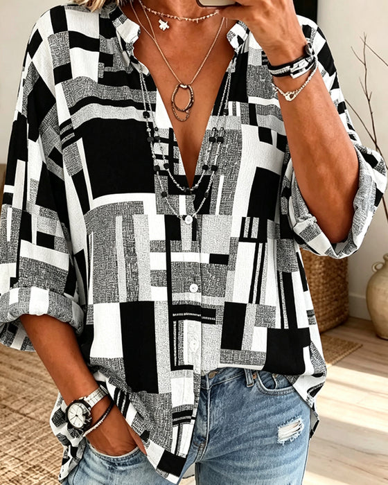 Blouse Imprimé Géométrique Col En V Décontractée