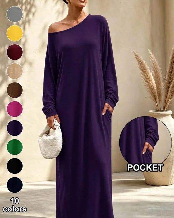 Robe Asymétrique Off-Shoulder Manche Longue Poche Maxi
