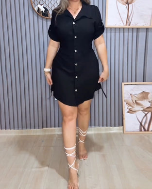 Robe Revers Manches Courtes Cordon De Serrage Chemise