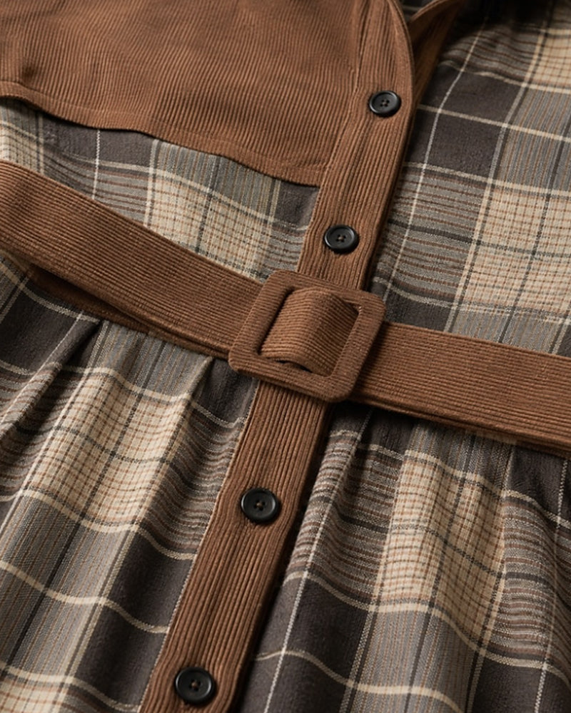 Robe Patchwork À Carreaux Ceinturée Chemise
