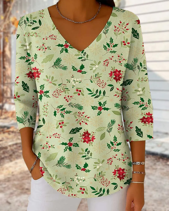 Top tricoté pour femme avec imprimé de Noël, col V, manches 3/4, style décontracté et coupe large