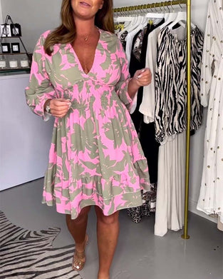 Robe à manches cloche en V profond et imprimé feuilles