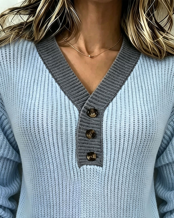 Pullover Col En V Bloc De Couleur Bouton