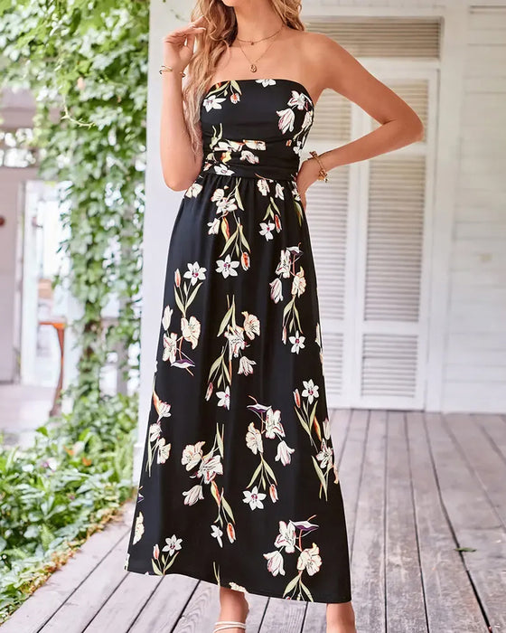 Robe Florale Sans Bretelles Taille A-Ligne