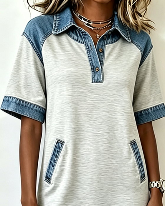 Robe Col Chemise Denim Patchwork Poche