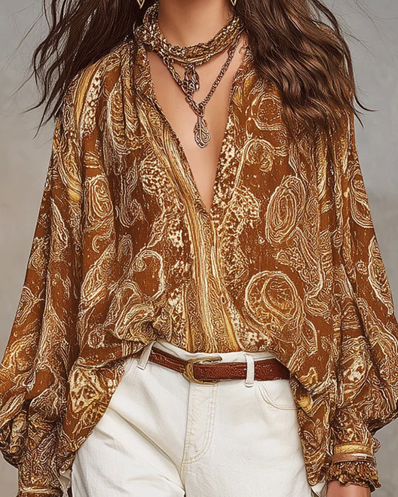 Blouse Col V Imprimé Décontractée