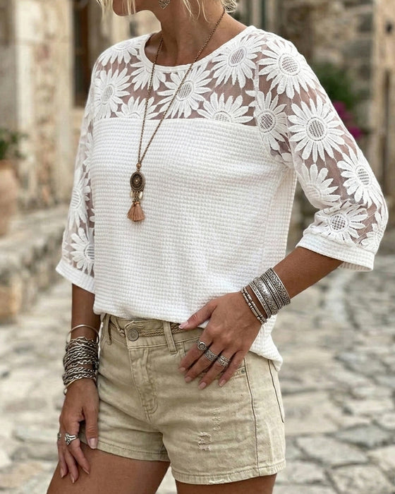 T-Shirt Col Rond Dentelle Gaufrage Patchwork