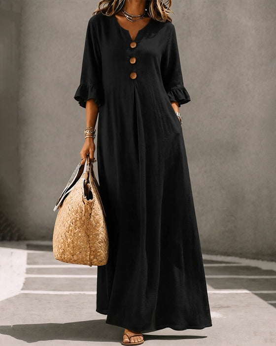 Robe Col En V Bouton Volant Jupe Ample