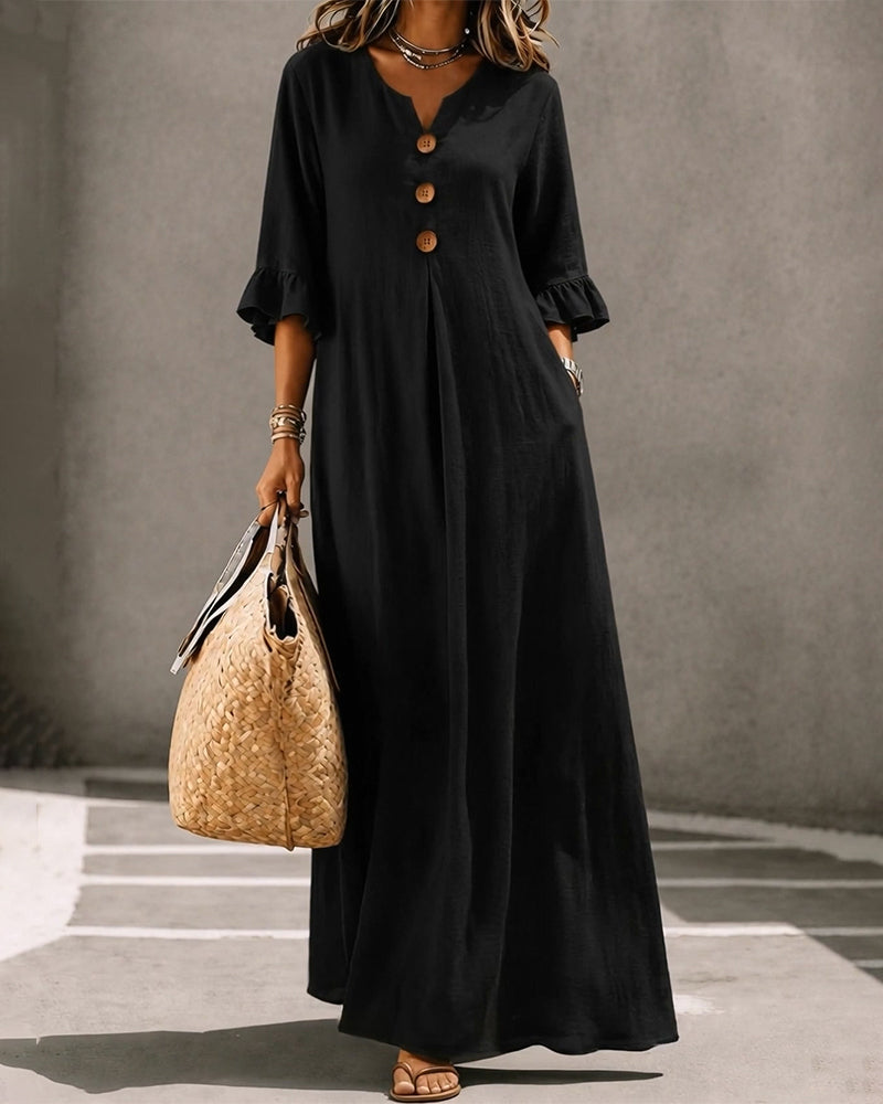Robe Col En V Bouton Volant Jupe Ample