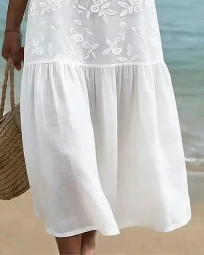 Robe Col En V Brodé Vacances Style