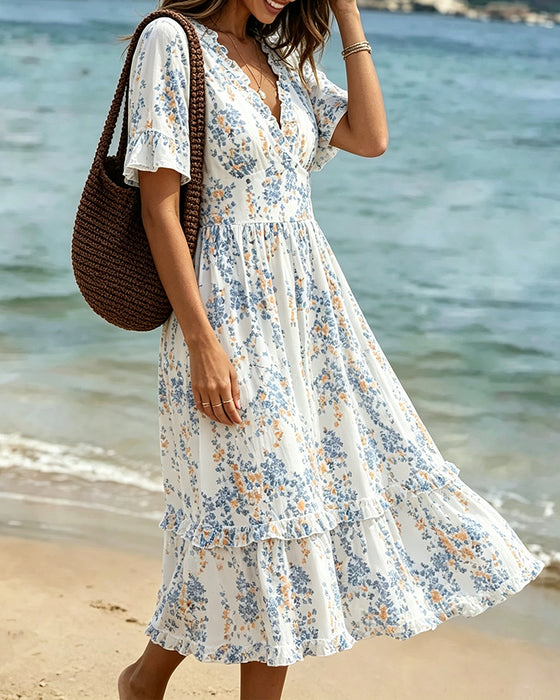 Robe Florale Volant Col V Patchwork