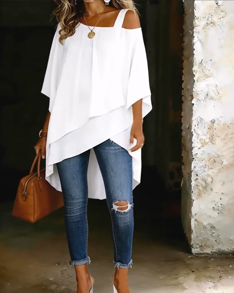 Blouse Asymétrique Épaule Dénudée Unie Décontractée
