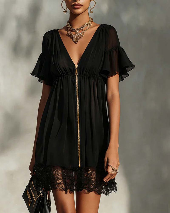 Robe Volant Manche Évasée Fermeture Éclair Dentelle