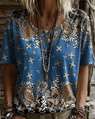 T-Shirt Vintage Floral Colorblock Col Rond