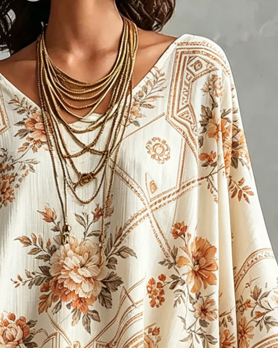 Blouse Col V Florale Irrégulière