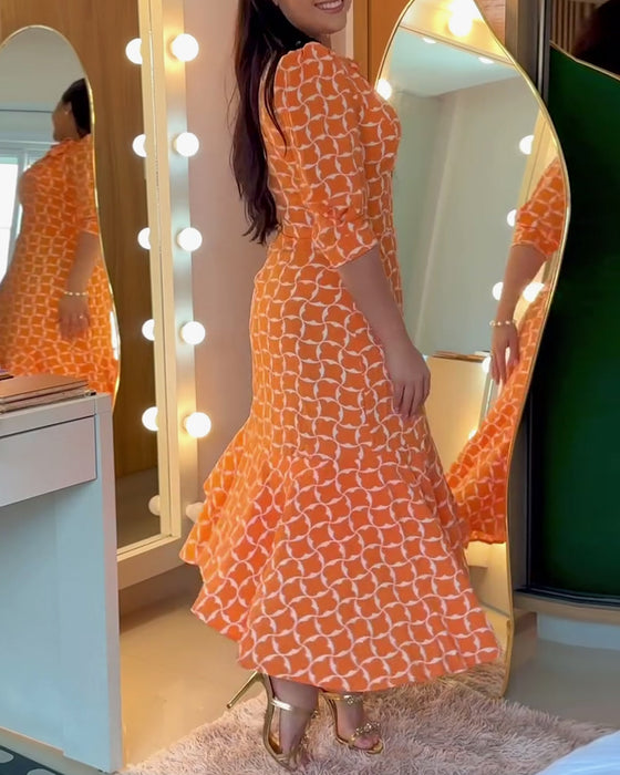 Robe Manches Mi-longues Col Rond Imprimé Taille