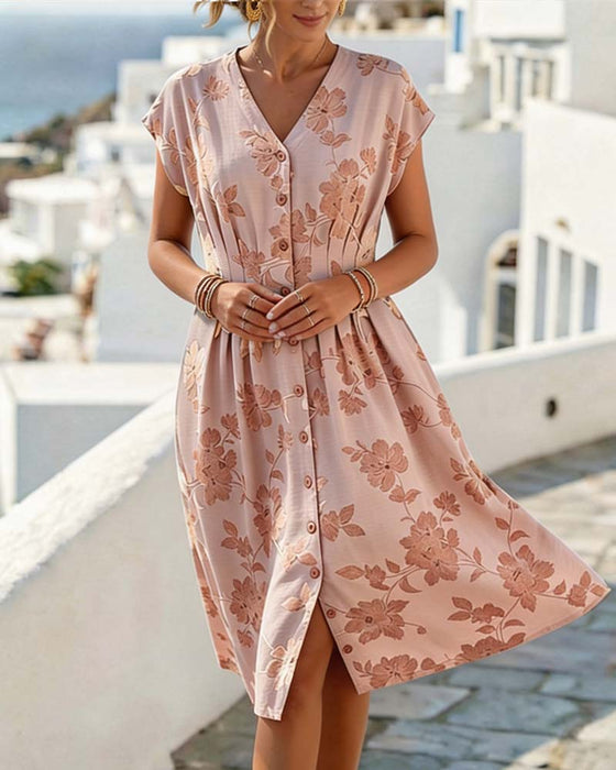 Robe Col En V Imprimé Taille Cintrée Boutonnage Devant