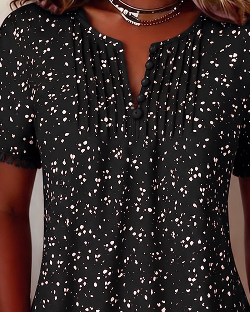Blouse Point Blanc Frange Manches Courtes