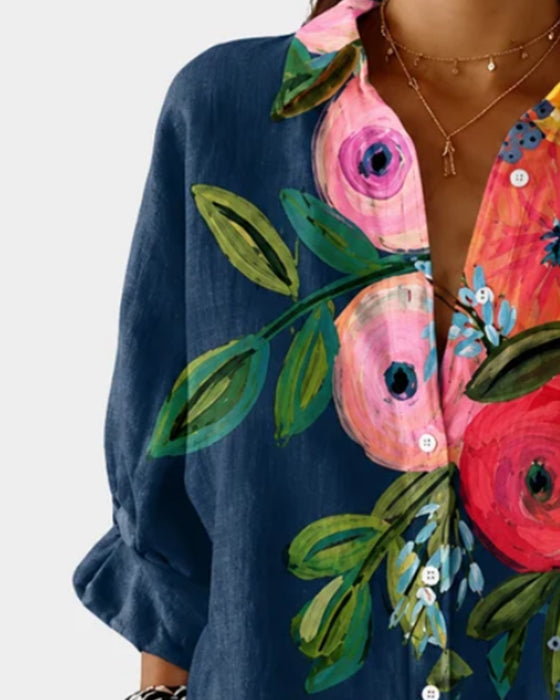 Chemise À Manches Longues Avec Motif Floral Style Peinture À L'huile
