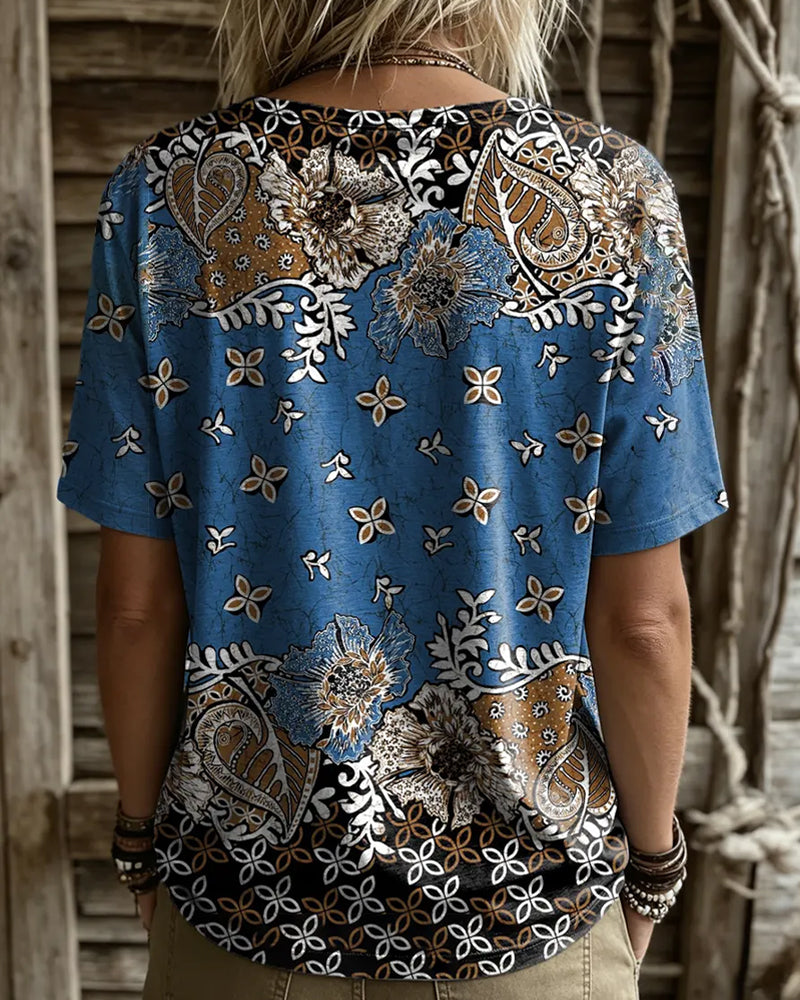 T-Shirt Vintage Floral Colorblock Col Rond