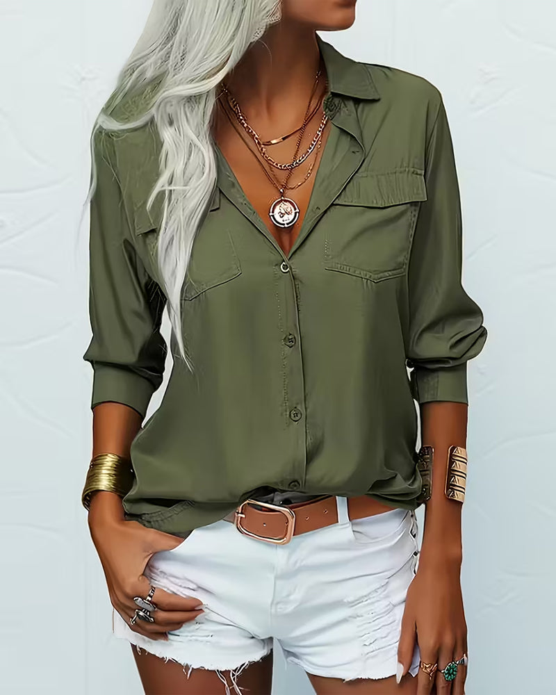Chemise Pour Femmes Avec Détail à Double Poche, Design à Couleur Unie