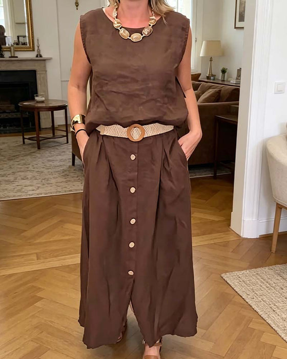 Ensemble Col Rond Sans Manches Bouton
