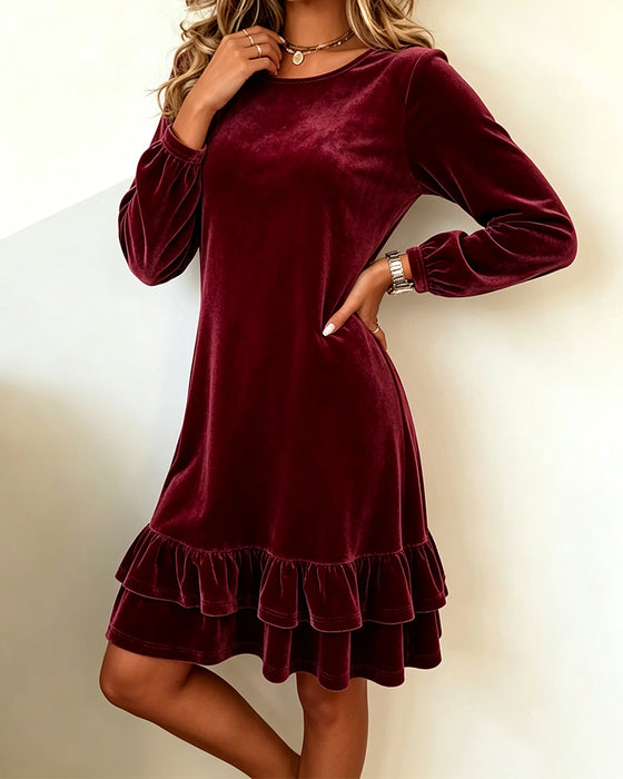 Robe Col Rond Manches Longues Volant