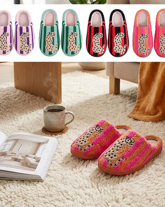 Damen Retro Gestreift & Leopard Flauschige Pantoffeln