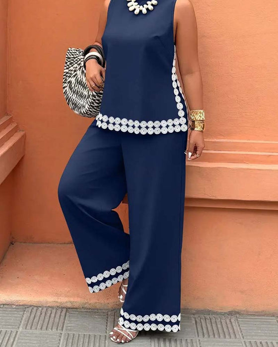 Set Haut Col Rond Sans Manches Pantalon Large Longue