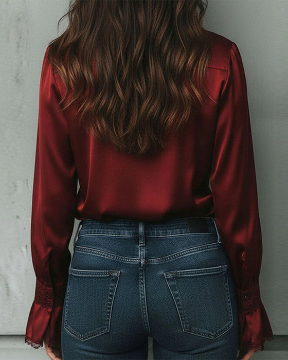 Blouse Satin Dentelle-Insérée Revers