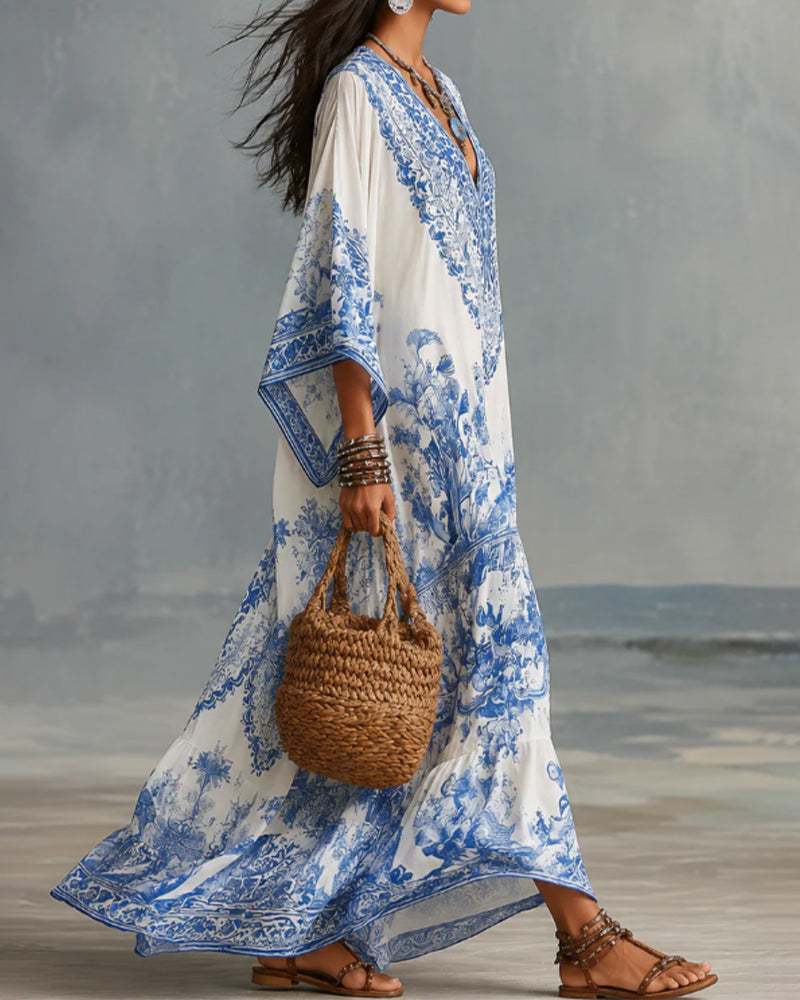 Robe Col En V Bohémienne Évasée Asymétrique