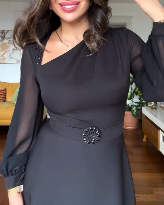 Robe Perlée Manches Bouffantes Taille Taille