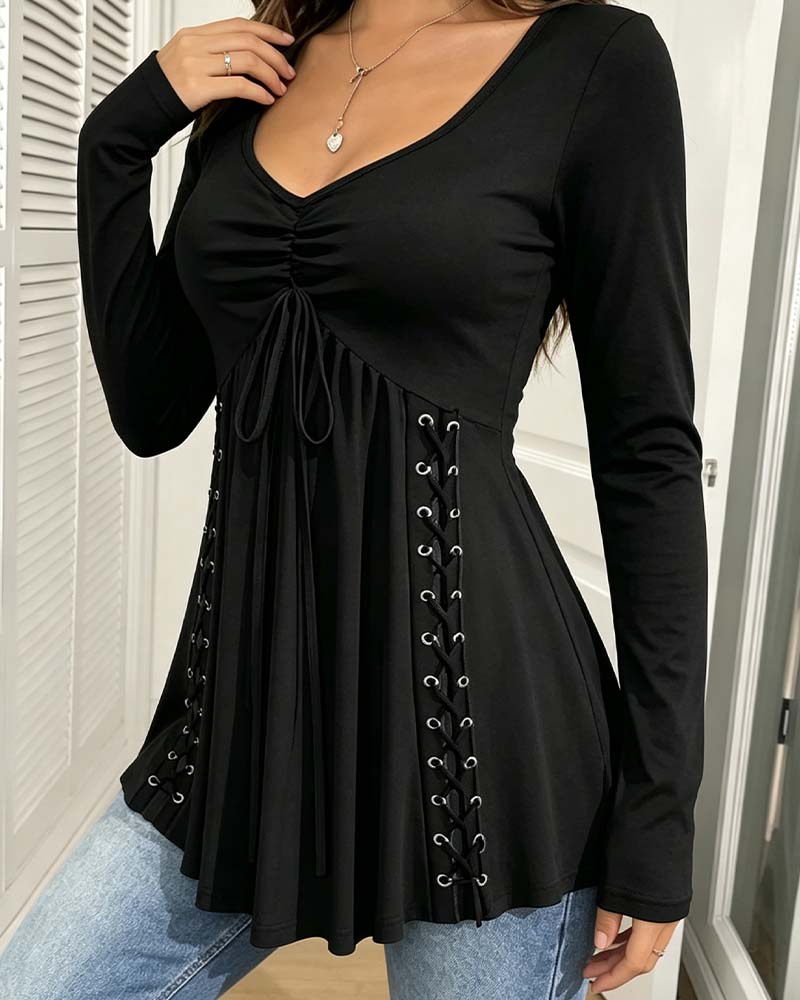 Blouse Col En V Cordon De Serrage Manches Longues