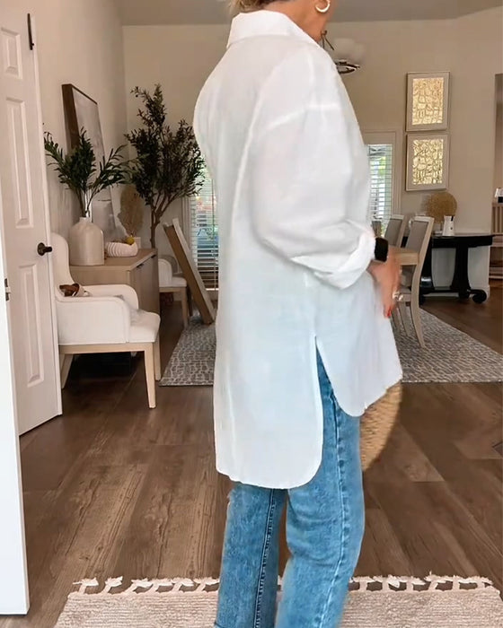 Blouse Col En V Bouton Unie Lâche