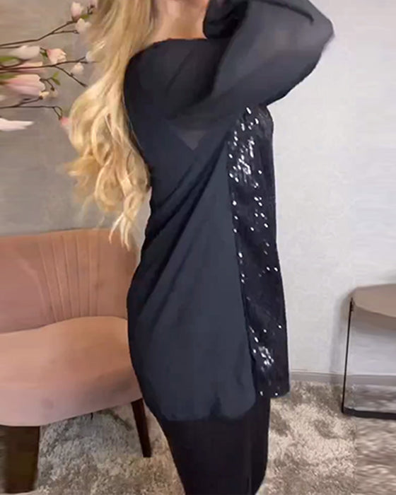 Chemise Col Rond Manches Longues Sequins