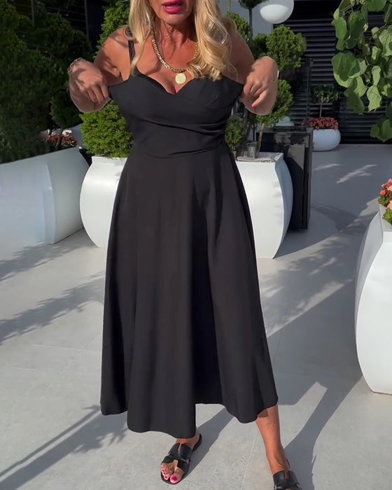 Robe Bretelles Col En V Froncée Taille Haute
