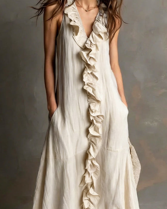 Robe Volant Col En V Poche Sans Manches