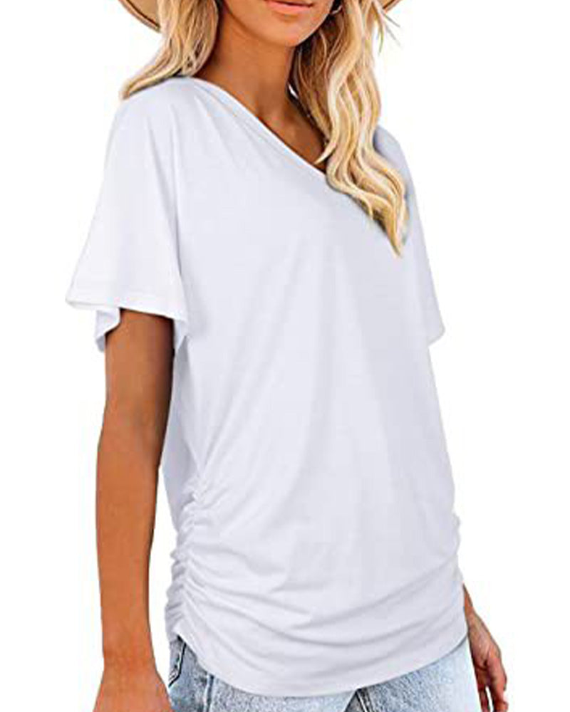 T-Shirt Plissé Uni Col En V