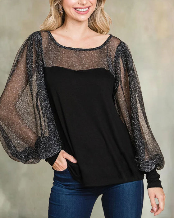 Blouse Sheer Manches Ballon Panneau Décontractée